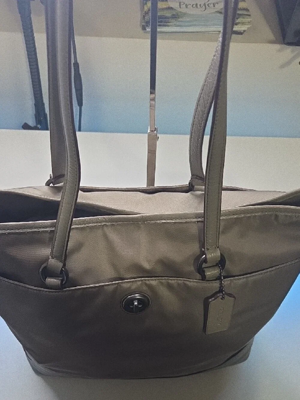 Coach Taupe Nylon Carryall  Tote with Leather Trim